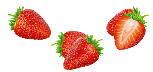 four ripe red strawberries, featuring three whole berries and one half slice, artfully arranged and isolated on a solid transparent background photograph.