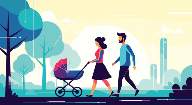 A young family enjoys a peaceful stroll in the park with their baby in a stroller on a sunny day.