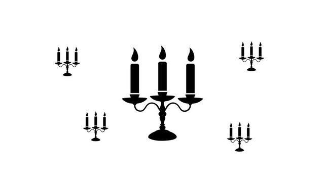 Zoom in and out animation the candlestick with candles symbol. Large black symbol in the center and four small symbols around. Seamless looped 4k animation on white background