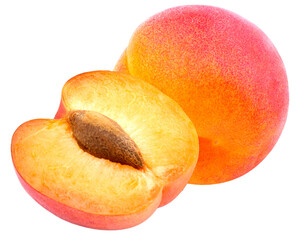 high quality photograph of a whole ripe peach and a half portion showing the juicy orange pulp and large brown pit, isolated on black for advertising and packaging design.