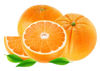 grouping of whole, ripe oranges and cut halves displaying the juicy citrus segments, complemented by fresh green leaves, photographed and isolated on a transparent background.