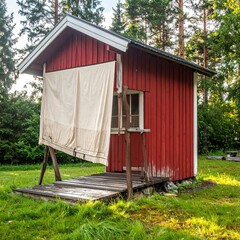 Rustic Red Cabin in Verdant Finnish Forest.
