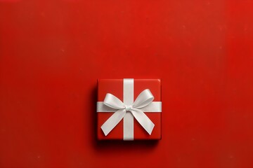 Minimalist Christmas composition with red gift box and white satin ribbon on matching red background, elegant holiday aesthetic