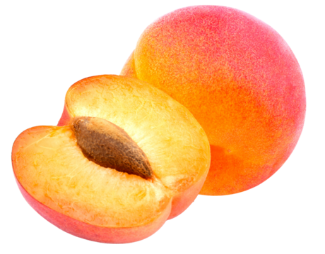 high quality photograph of a whole ripe peach and a half portion showing the juicy orange pulp and large brown pit, isolated on black for advertising and packaging design.