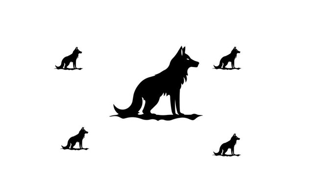 Zoom in and out animation the wild wolf symbol. Large black symbol in the center and four small symbols around. Seamless looped 4k animation on white background