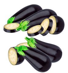 realistic photograph showcasing a grouping of fresh, glossy purple eggplants (aubergines) alongside thick slices and cross-sections, isolated perfectly on black.