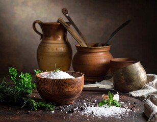 Rustic Still Life with Salt, Herbs, and Earthenware Vessels.