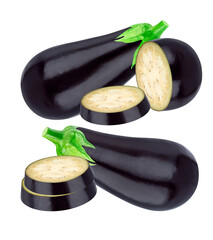 studio shot of whole purple eggplants grouped with thick slices and halves, clearly demonstrating the pale inner flesh and seeds, isolated perfectly on a black backdrop.