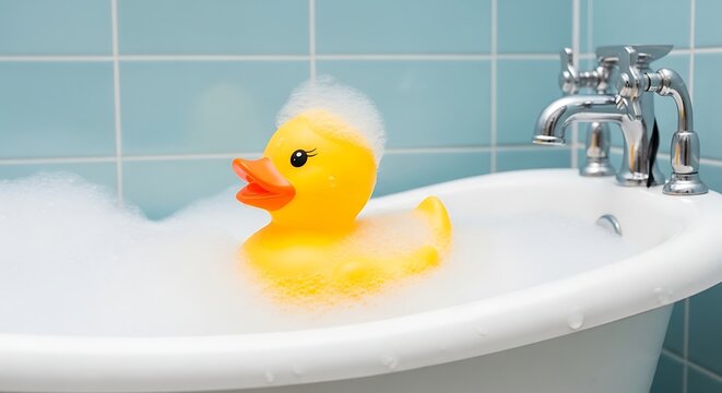 A classic yellow rubber duck toy with foam on its head floats in a bubbly bathtub.