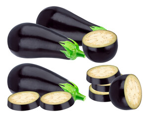 group of fresh purple eggplants displayed together with various cuts, including thick circular slices and halves, showcasing the raw white flesh, isolated on black.