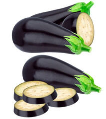composition of deep purple aubergines featuring two long, fresh whole fruits and several thick, raw slices prominently displaying the internal texture, isolated on transparent background.