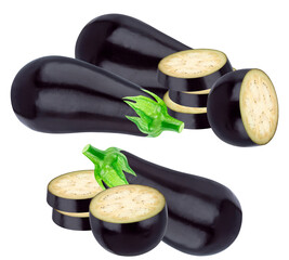 detailed photograph showcasing fresh purple eggplant composition including two whole fruits, a half-cut section, and a stack of thick, circular raw slices, isolated on black.