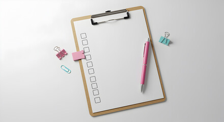 Clipboard holding blank checklist paper with pink pen and clips on a clean white surface