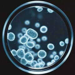 A close up of a petri dish with many small round objects in it