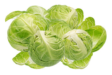 realistic photograph of a fresh, generous pile of raw green brussels sprouts and surrounding loose leaves, showcasing vibrant color and texture, isolated on black.