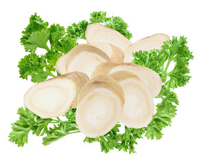 fresh raw parsley root slices surrounded by aromatic bright green curly parsley leaves, arranged beautifully and isolated on a clean transparent background.