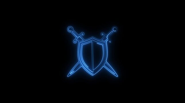 Glowing blue neon shield and crossed swords emblem on black background digital animation medieval fantasy gaming symbol