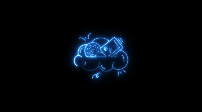Blue neon cloud with play button and rocket icon animated on black background digital art concept for technology and innovation
