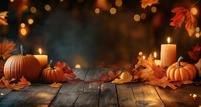 Cozy fall table scene with glowing candles, pumpkins, and autumn leaves on wooden surface, soft blurred background highlighting warm seasonal atmosphere.

中文标题：