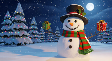 A snowman with a black hat and red-green scarf stands before a house with a glowing Christmas tree, creating a warm holiday winter scene.

