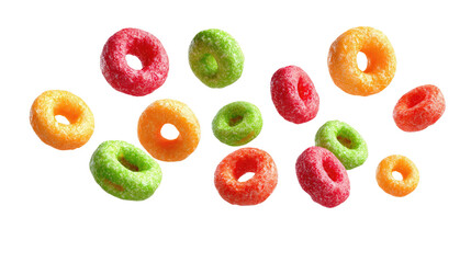 Floating Colorful Fruit Cereal Loops Isolated on transparent background Remove png, Clipping Path, pen tool