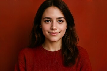 Warm studio portrait of smiling woman wearing red sweater on red background, cozy holiday mood and natural soft lighting