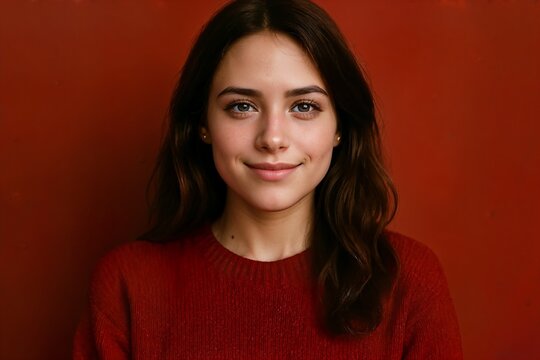Warm studio portrait of smiling woman wearing red sweater on red background, cozy holiday mood and natural soft lighting