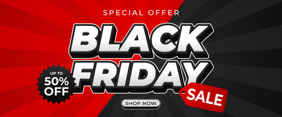 Black Friday sale banner, Abstract red and black comic sunburst background, up to 50% off, modern text effect vector for sales promotion, e-commerce, marketing ads, events and websites