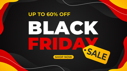 Black Friday sale banner template, Abstract black, red and yellow wave background, modern wallpaper design for sales promotion, e-commerce, marketing ads, events, websites, and more