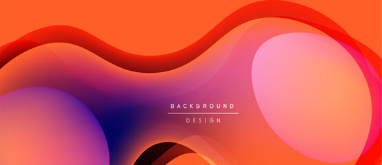 Abstract fluid shapes, vibrant colors blend. Orange, pink, purple gradients create modern background design. Smooth curves suggest movement.