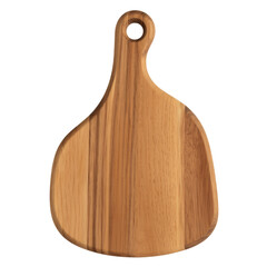 A teak wood cutting board with a curved handle on transparent background