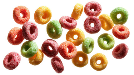 Floating Colorful Fruit Cereal Loops Isolated on transparent background Remove png, Clipping Path, pen tool