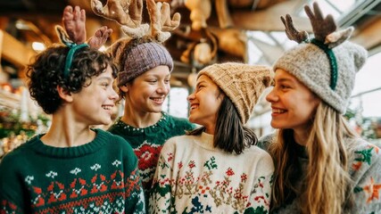 Group of friends in festive sweaters laughing together at market stall, capturing warmth, seasonal joy and human connection in cozy winter celebration - Powered by Adobe