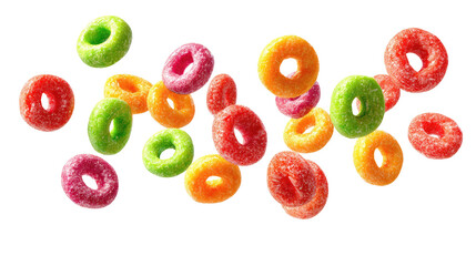 Floating Colorful Fruit Cereal Loops Isolated on transparent background Remove png, Clipping Path, pen tool