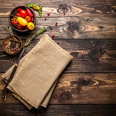 Rustic Table Setting with Fresh Vegetables and Linen Napkin.