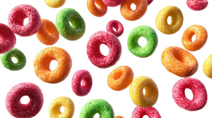 Floating Colorful Fruit Cereal Loops Isolated on transparent background Remove png, Clipping Path, pen tool