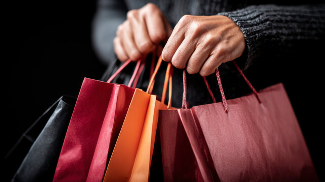 Fashionable shopper holding bags in vibrant light, luxury retail mood.