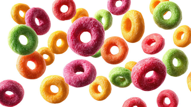 Floating Colorful Fruit Cereal Loops Isolated on transparent background Remove png, Clipping Path, pen tool