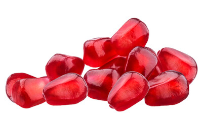 detailed macro photograph showcasing a luxurious pile of vibrant, glossy, deep red pomegranate seeds or arils, creating a stunning visual contrast against a pure transparent background.