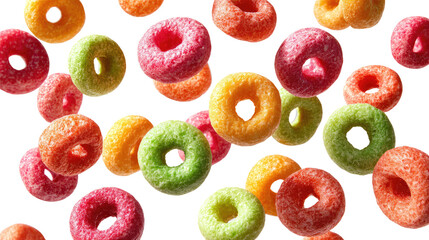 Floating Colorful Fruit Cereal Loops Isolated on transparent background Remove png, Clipping Path, pen tool