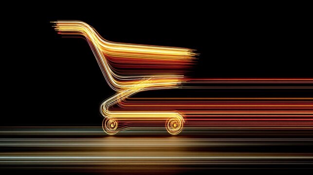 Futuristic glowing cart symbol with motion trails, Black Friday energy.