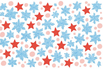 Cold blue snowflakes and warm red stars creating a festive seamless pattern perfect for winter holidays. Transparent background
