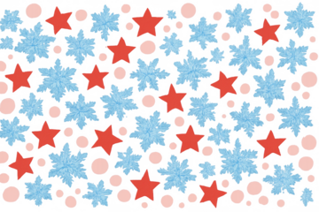 Cold blue snowflakes and warm red stars creating a festive seamless pattern perfect for winter holidays. Transparent background