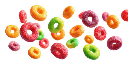 Floating Colorful Fruit Cereal Loops Isolated on transparent background Remove png, Clipping Path, pen tool