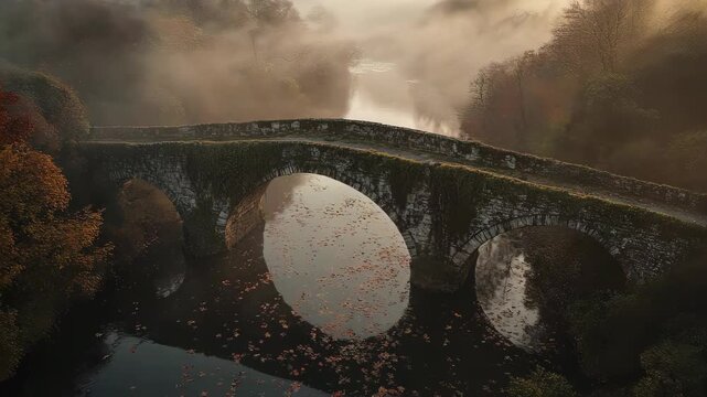 Epic 4K Aerial Ancient Moss-Covered Stone Arch Bridge Over River in Autumn Fog
