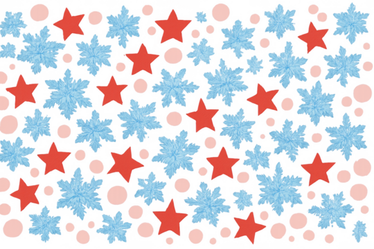 Cold blue snowflakes and warm red stars creating a festive seamless pattern perfect for winter holidays. Transparent background