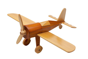A wooden airplane on black base on transparent background