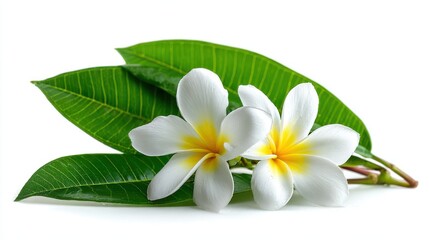 Naklejka premium Two white plumeria flowers with green leaves isolated on white background