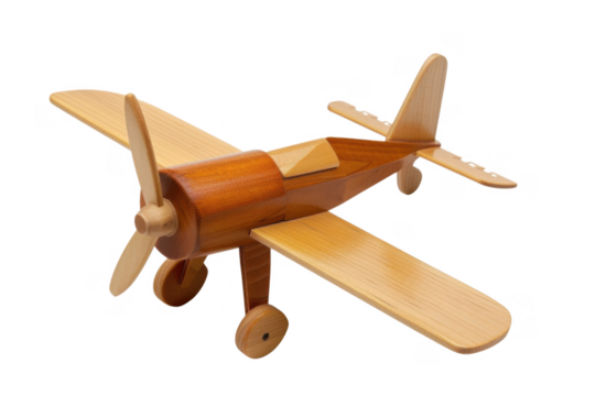 A wooden airplane on black base on transparent background - Powered by Adobe