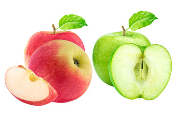 vibrant variety of fresh apples, including whole red and green apples, a half-cut green apple, and a red apple wedge, isolated photograph.